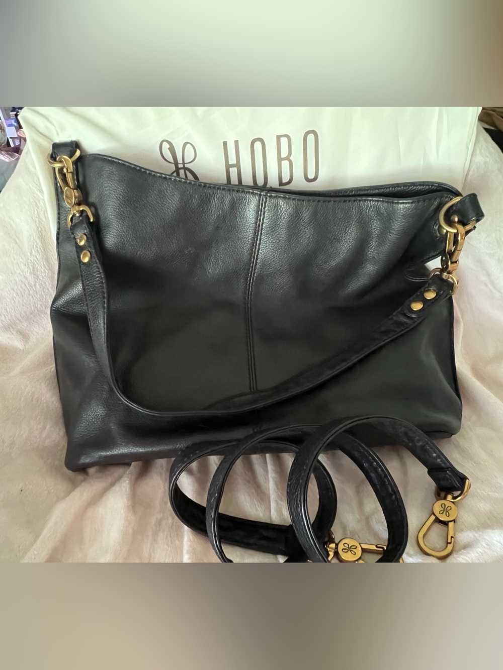 HOBO Black Leather Hobo Bag with Gold Hardware. Short and long strap.